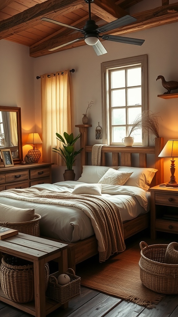 A cozy rustic bedroom featuring distressed wood furniture, soft bedding, and warm lighting.