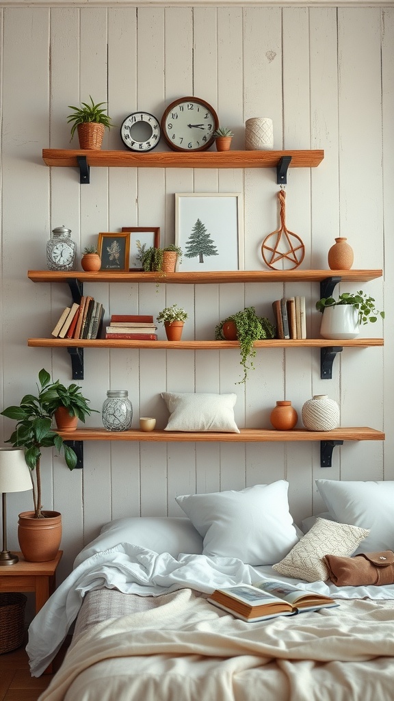 Rustic bedroom with distressed wood wall shelves decorated with plants, clocks, and books.