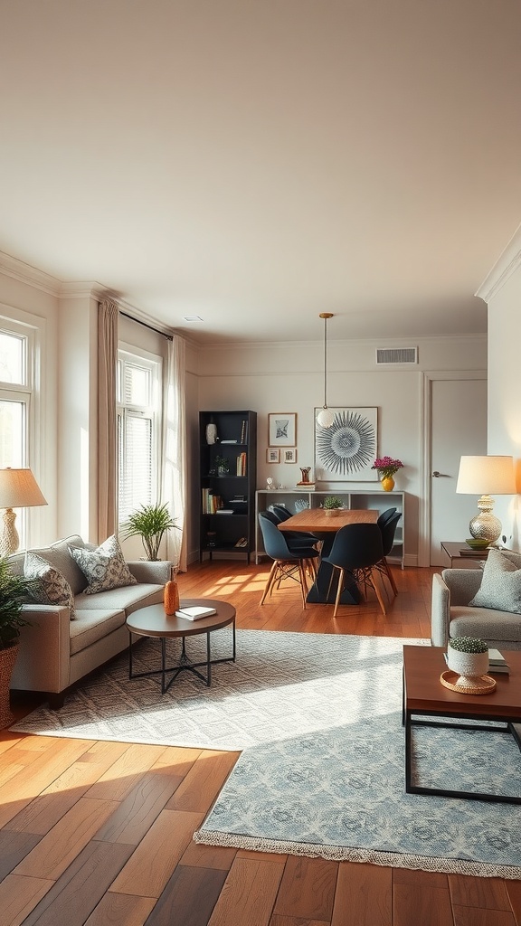 A cozy living room dining room combo featuring a seating area and a dining table, displaying a warm and inviting atmosphere.
