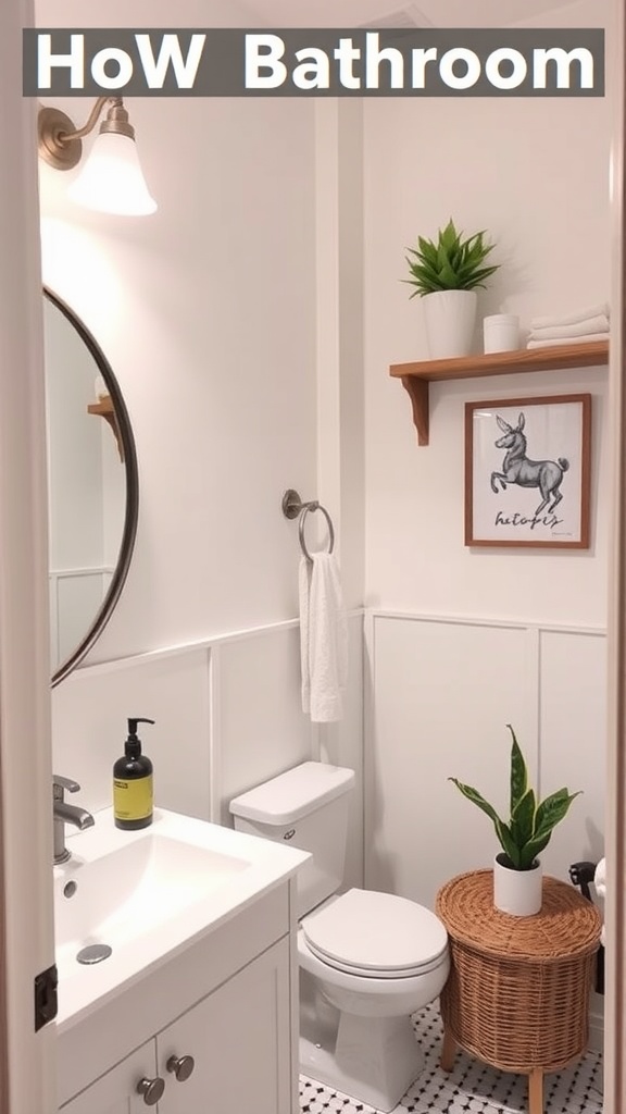 A small, bright bathroom with a round mirror, white walls, and decorative shelving.