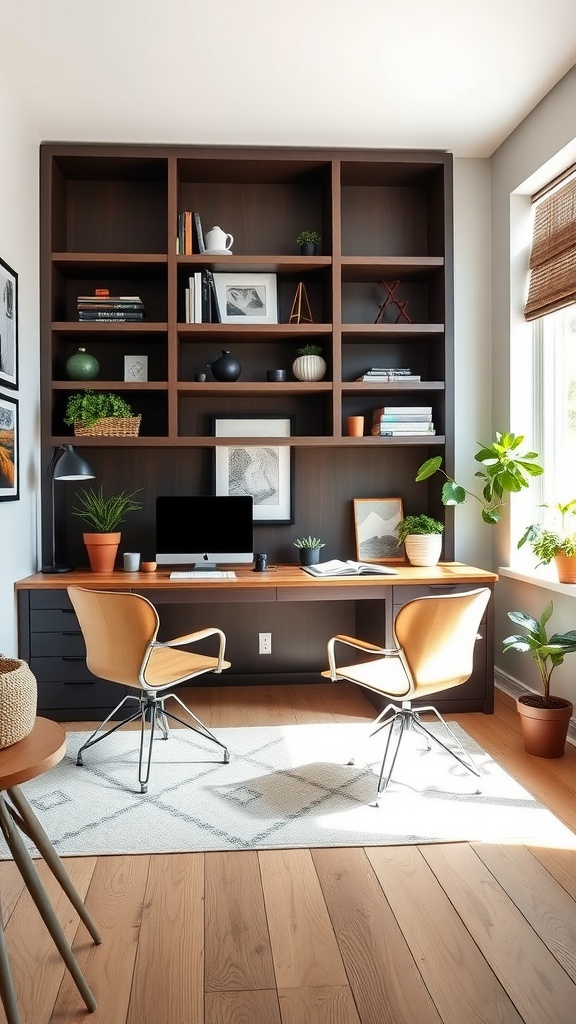 A stylish DIY built-in desk for two featuring a warm wooden surface, open shelving, and two modern chairs in a cozy home office.