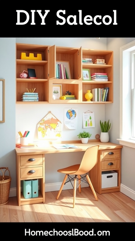 A bright homeschool room featuring a DIY built-in desk with open shelving and a wooden chair.