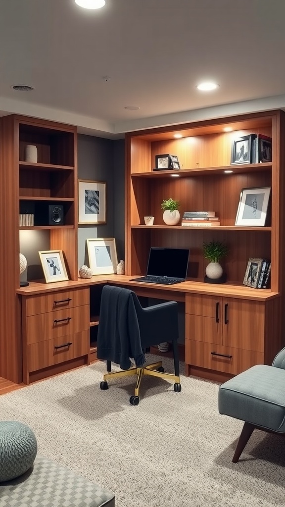 A stylish DIY built-in desk in a basement with wooden shelves and storage.
