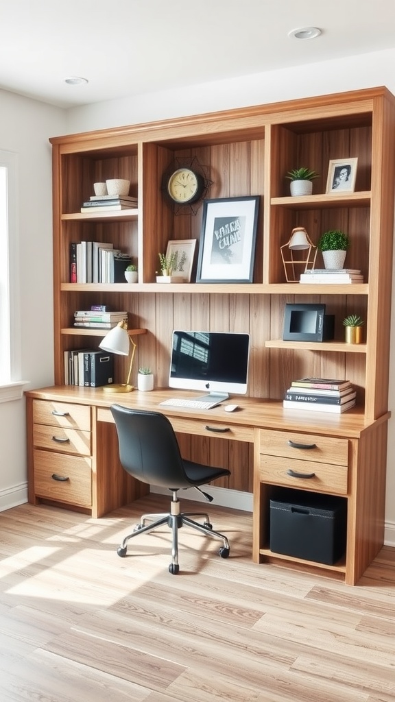 A cozy and stylish DIY built-in desk with shelves, featuring a computer, books, and decorative plants.