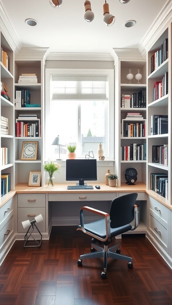 A cozy home office featuring a built-in desk using Ikea Billy bookcases, with a computer, decorative plants, and books on the shelves.