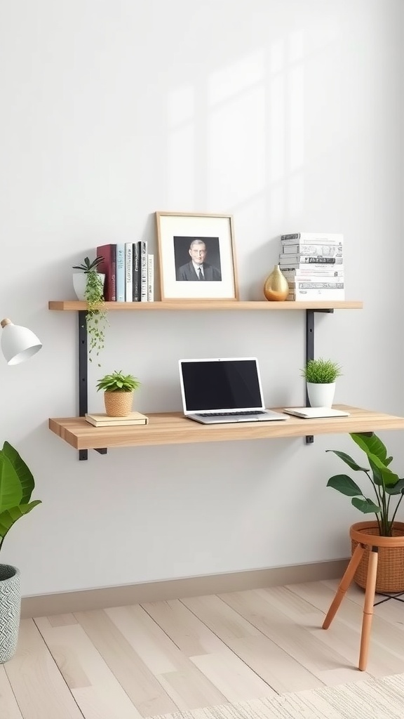 A minimalist DIY floating desk with wooden shelves, plants, and a laptop.