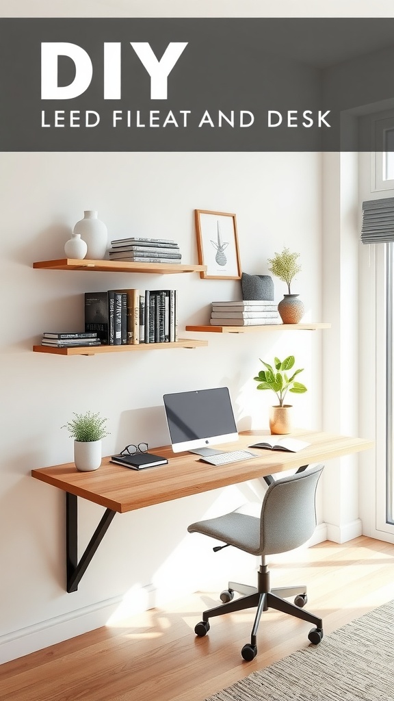 A DIY floating desk with shelves, featuring a wooden surface, a computer, and decorative items.