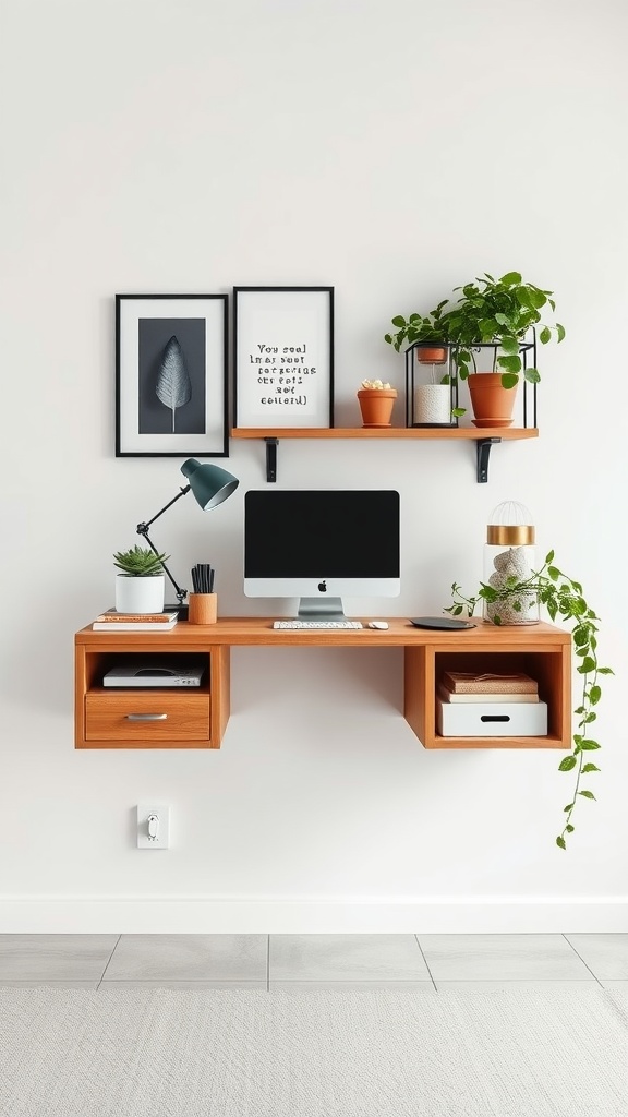 A stylish DIY floating desk with storage, featuring a computer, plants, and decorative items, mounted on a wall.