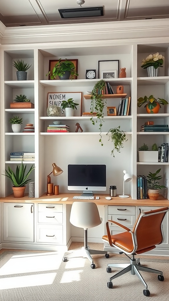 A bright and cozy home office with a custom built-in desk and shelves filled with plants and books.