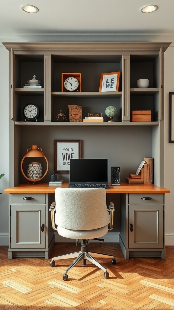 A stylish DIY built-in office desk with gray cabinetry, wooden top, and decorative shelving.