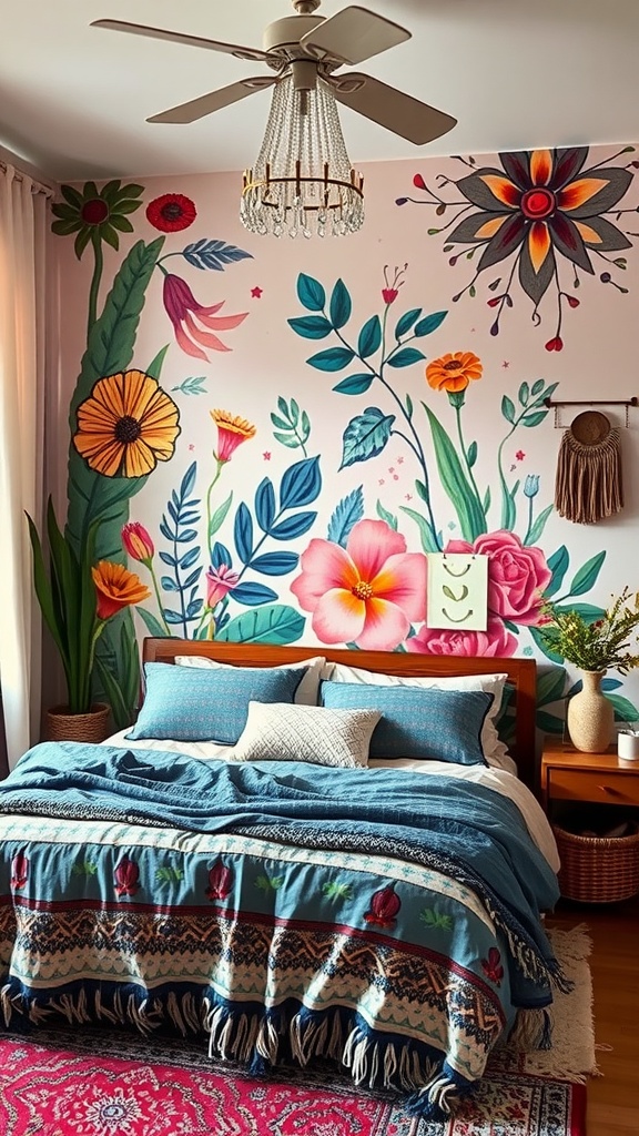 A vibrant DIY mural with flowers and leaves in a Boho bedroom