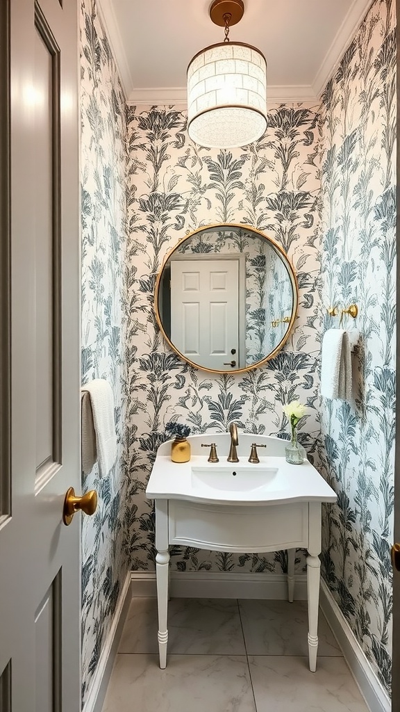 A stylish DIY powder room featuring floral wallpaper, a circular mirror, and elegant fixtures