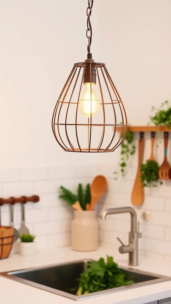 A DIY wire basket pendant light hanging above a kitchen sink, illuminating the space with a warm glow.