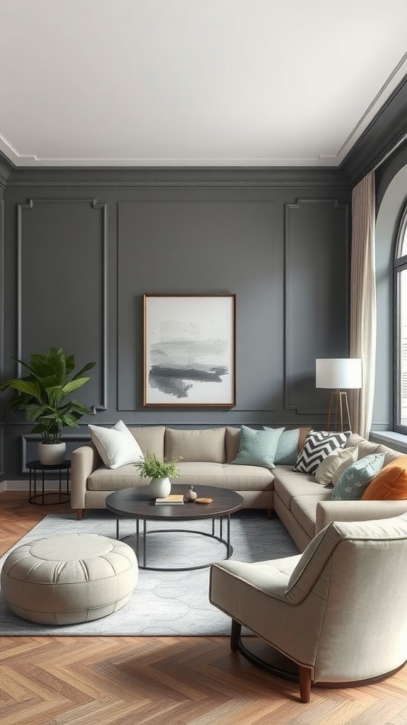 Living room with Dorian Gray walls, beige sofa, and modern decor