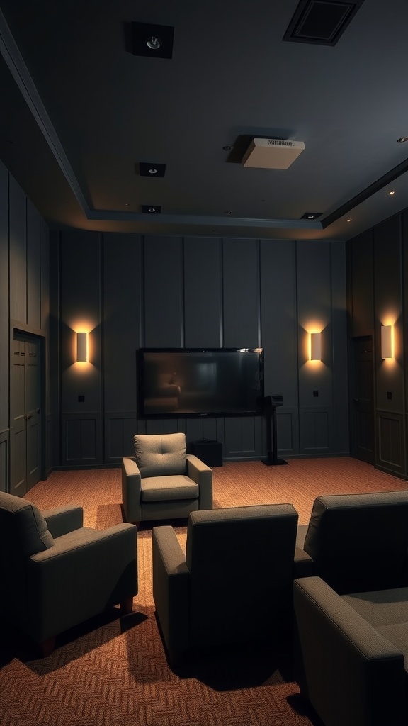 A media room painted in Dorian Gray featuring soft seating and ambient lighting.