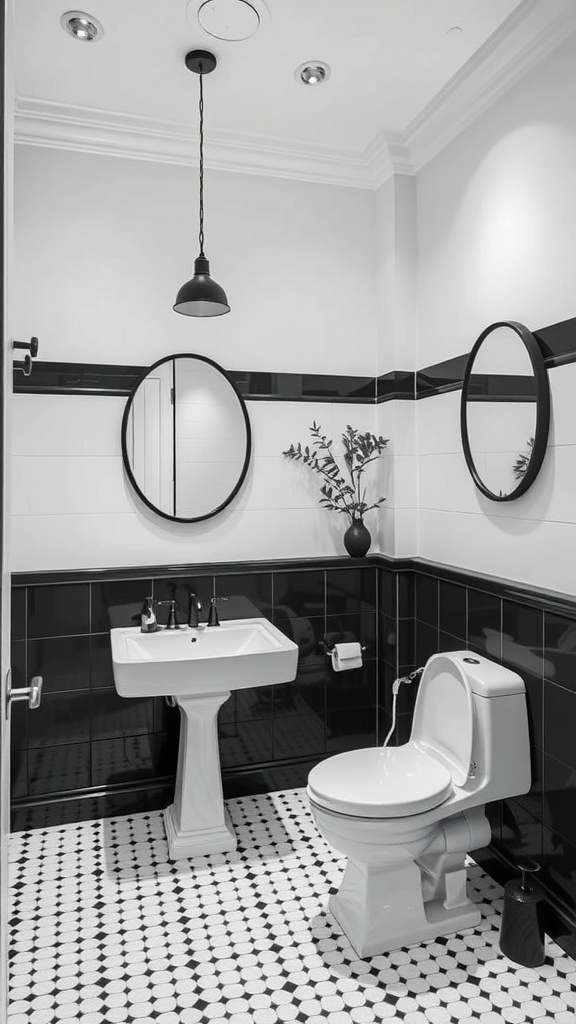 A modern bathroom featuring a dramatic black and white contrast with sleek fixtures, circular mirrors, and a touch of greenery.