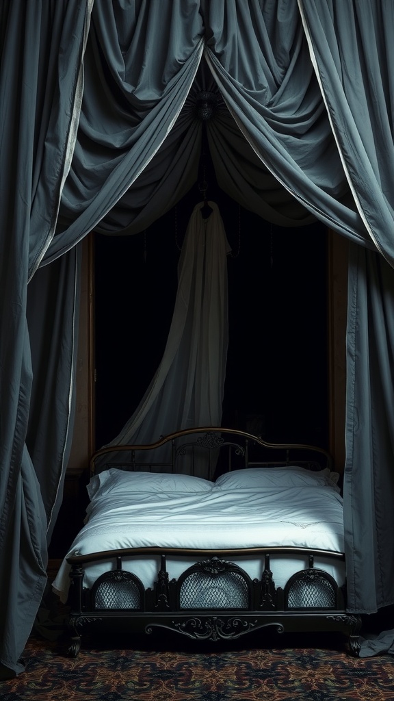 A cozy bed with dramatic canopy drapes in a dark setting.