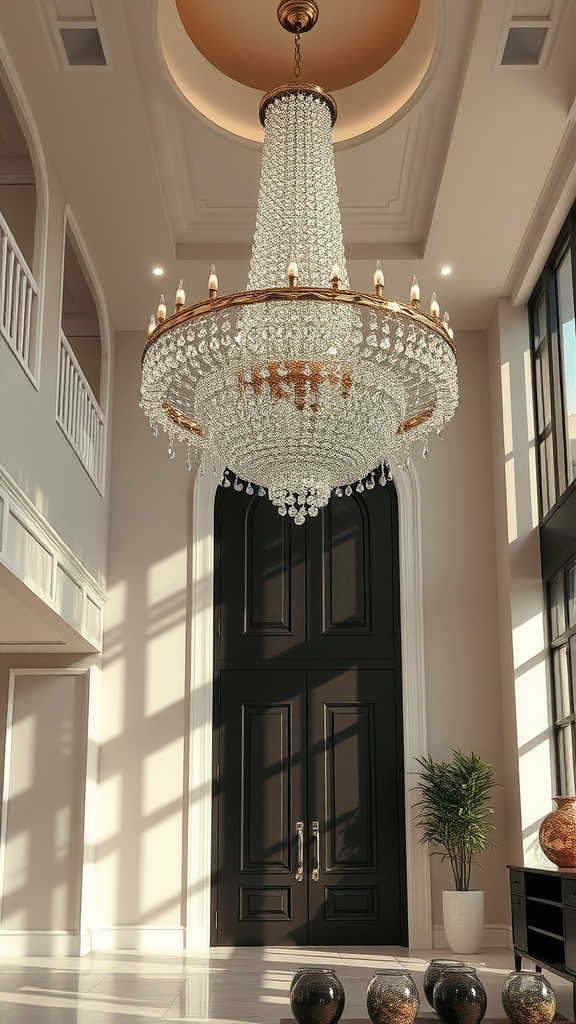 A large, elegant chandelier with crystals hanging from a ceiling in a modern foyer