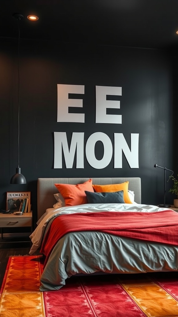 A bedroom with charcoal walls, bright accent pillows, and a colorful area rug