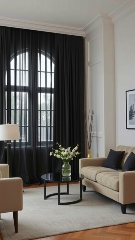 A minimalist living room featuring dramatic black curtains, a light sofa, and a sleek coffee table.