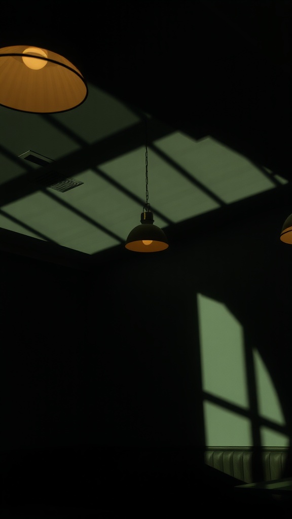 Dramatic lighting from low hanging lamps creating shadows in a dimly lit room