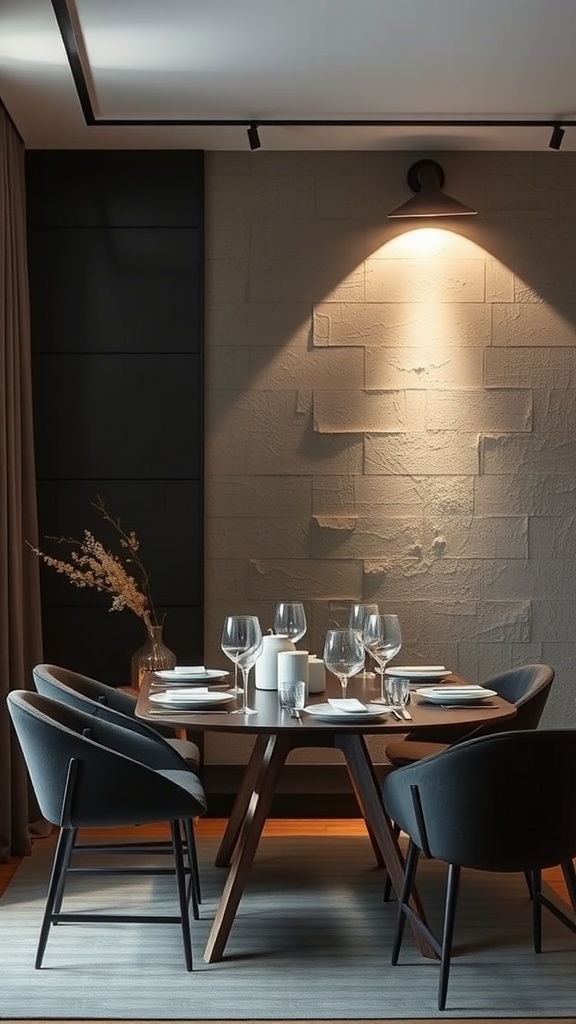 A dining room with a spotlight illuminating a textured wall, featuring a round table set for a meal.