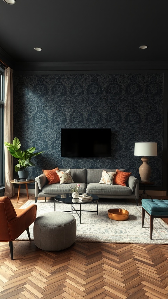 A stylish living room featuring dark patterned wallpaper, a cozy gray sofa with colorful cushions, and warm wooden flooring.