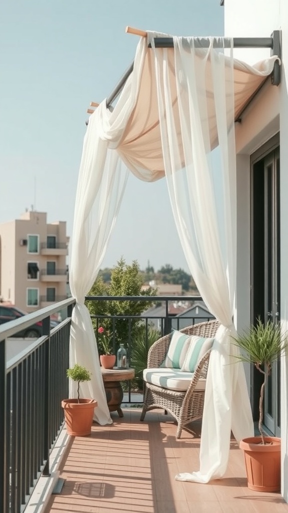 A small balcony with a canopy made of flowing drapes, a wicker chair, and potted plants.