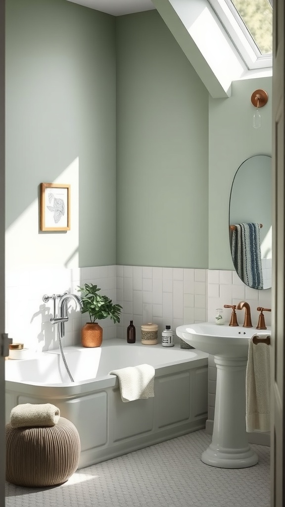 A peaceful bathroom painted in Drift Of Mist by Sherwin-Williams, featuring white tiles, a bathtub, and plants.