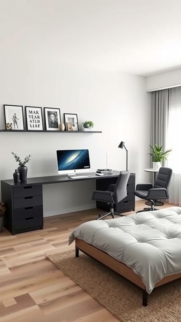 A modern home office with a desk, chairs, and a bed in a stylish dual-purpose layout.