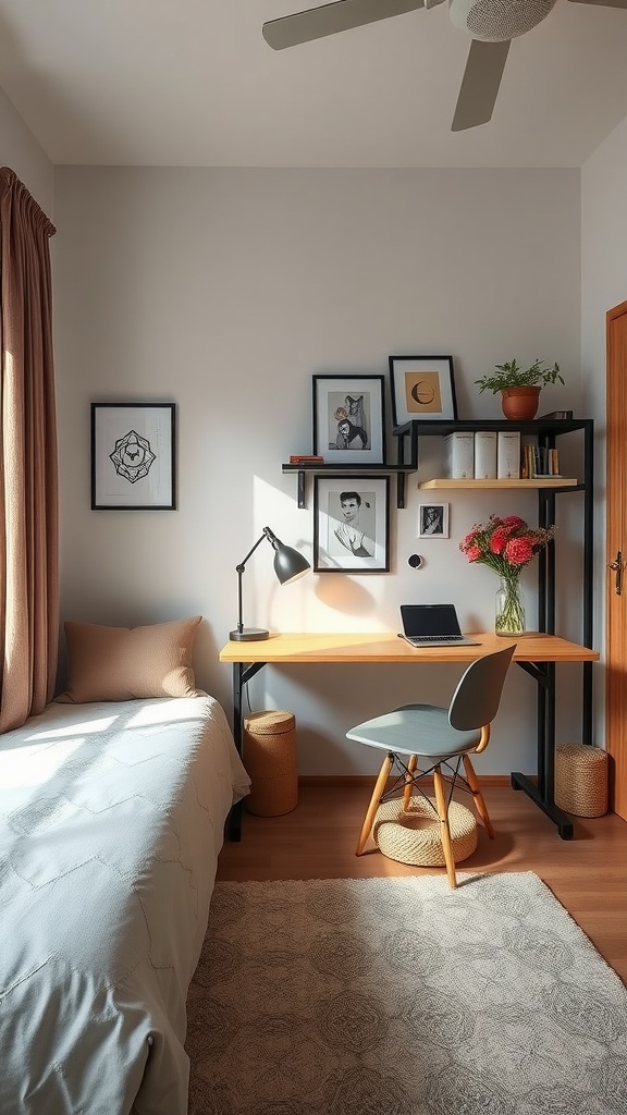 A cozy guest room with a desk setup, featuring a bed, desk, and decorative elements.