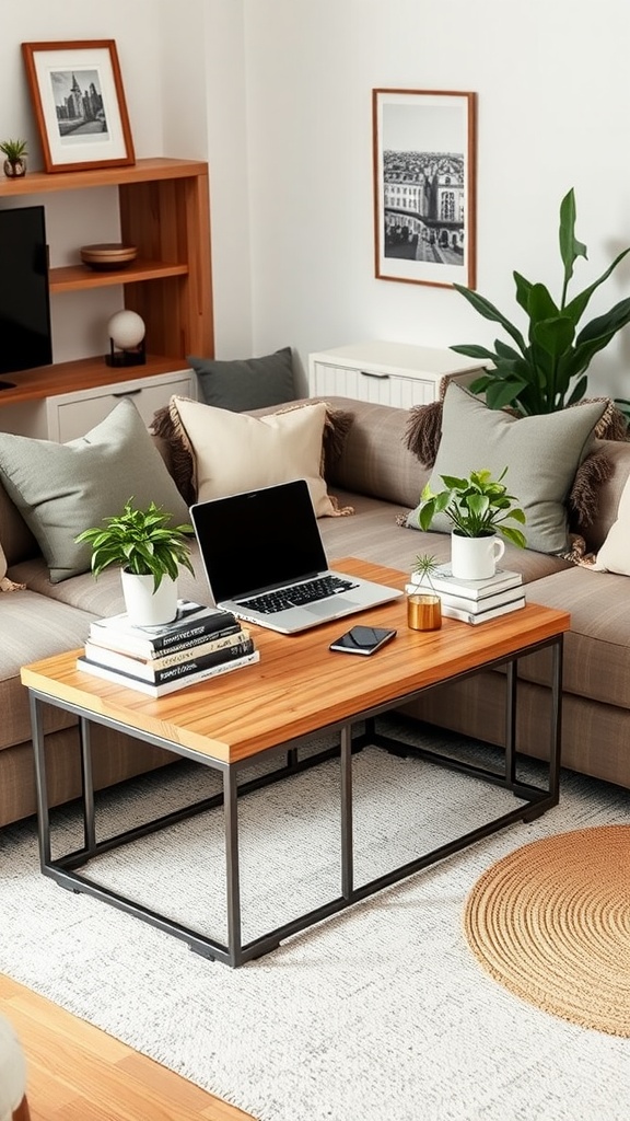 A cozy living room with a dual-purpose sofa table, laptop, and plants, illustrating a home office nook.