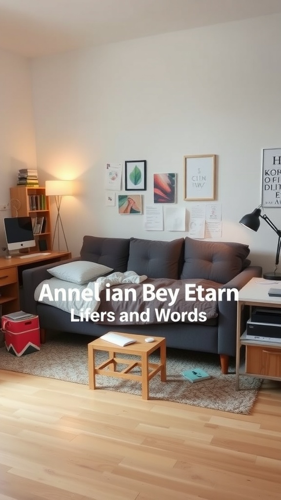 A dual-purpose home office with a couch and workspace
