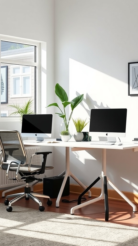 Bright home office with dual desks, modern computers, and plants