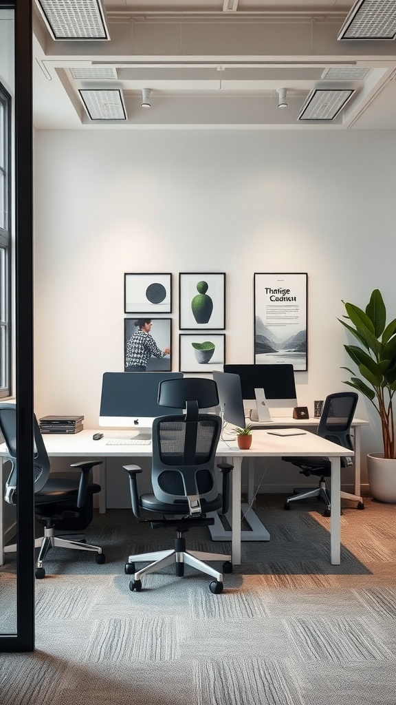 A modern office with two workstations, ergonomic chairs, and wall art.