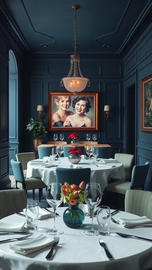 Elegant dining area with Dusk Blue walls, featuring a chandelier and floral decorations.