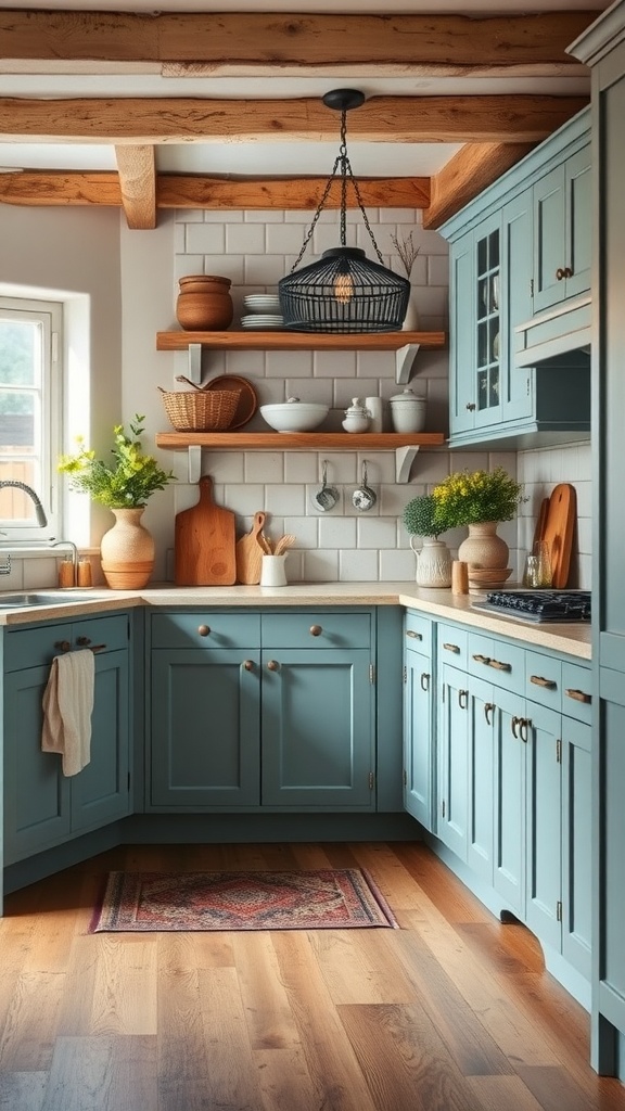 A cozy kitchen featuring dusty blue cabinets, wooden shelves, and a warm atmosphere.