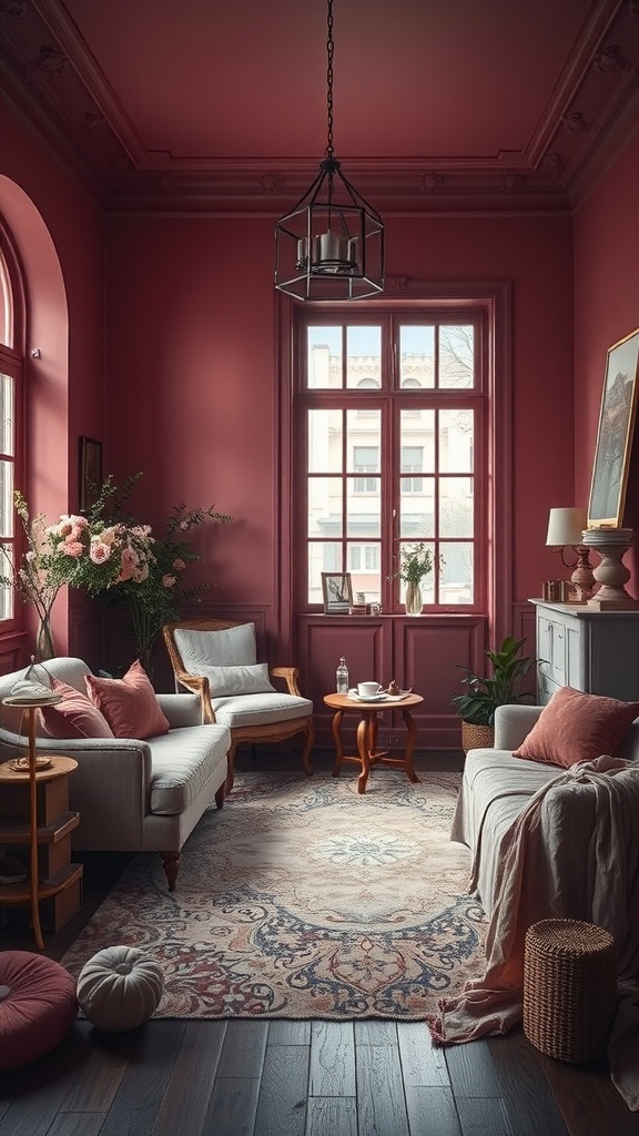 A cozy living room featuring dusty rose walls, neutral furniture, and floral decor.