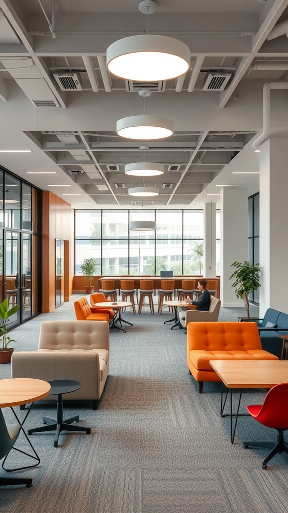 A modern office space designed for collaboration, featuring colorful furniture and large windows.