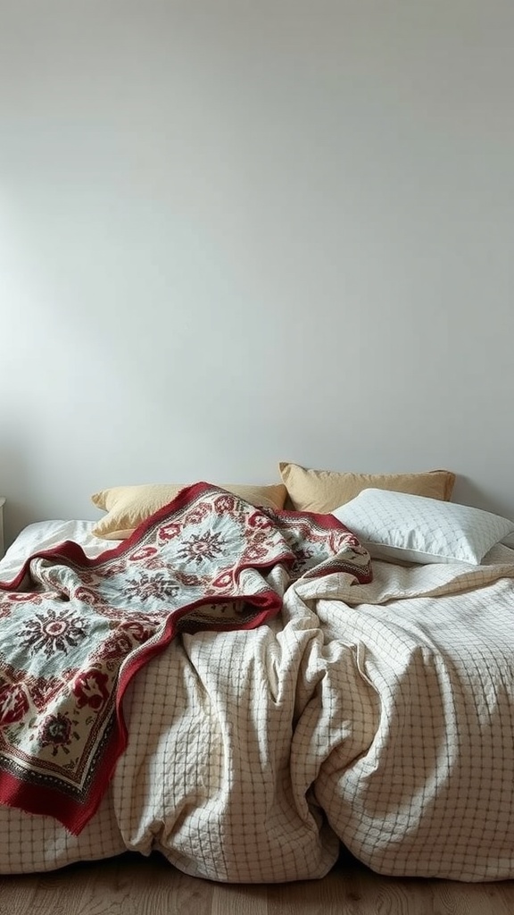 A cozy bedroom featuring layered textiles on a bed with pillows and a patterned throw blanket.