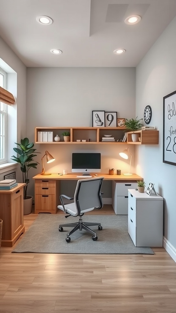 A modern home office featuring a light wood desk, ergonomic chair, and minimal decor, creating a cozy and productive workspace.