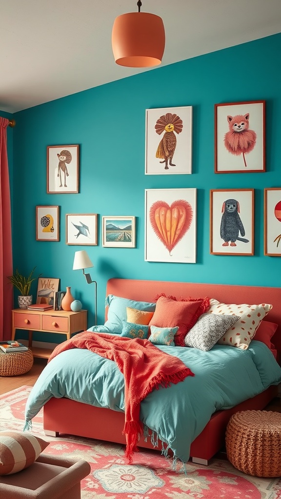 Colorful bedroom with teal walls, coral accents, and playful artwork.