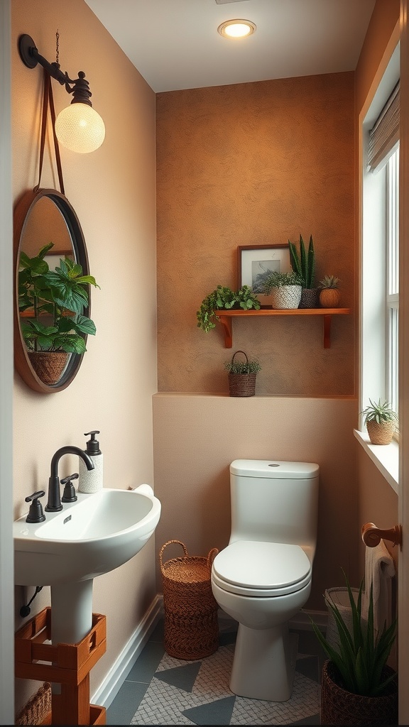 A small bathroom with earthy paint colors, showcasing a cozy and inviting atmosphere with plants and natural materials.