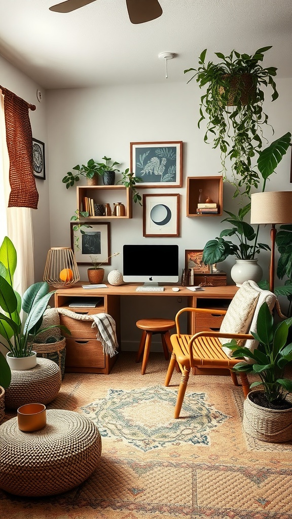 A cozy boho home office with an earthy color palette featuring plants, wooden furniture, and natural decor.