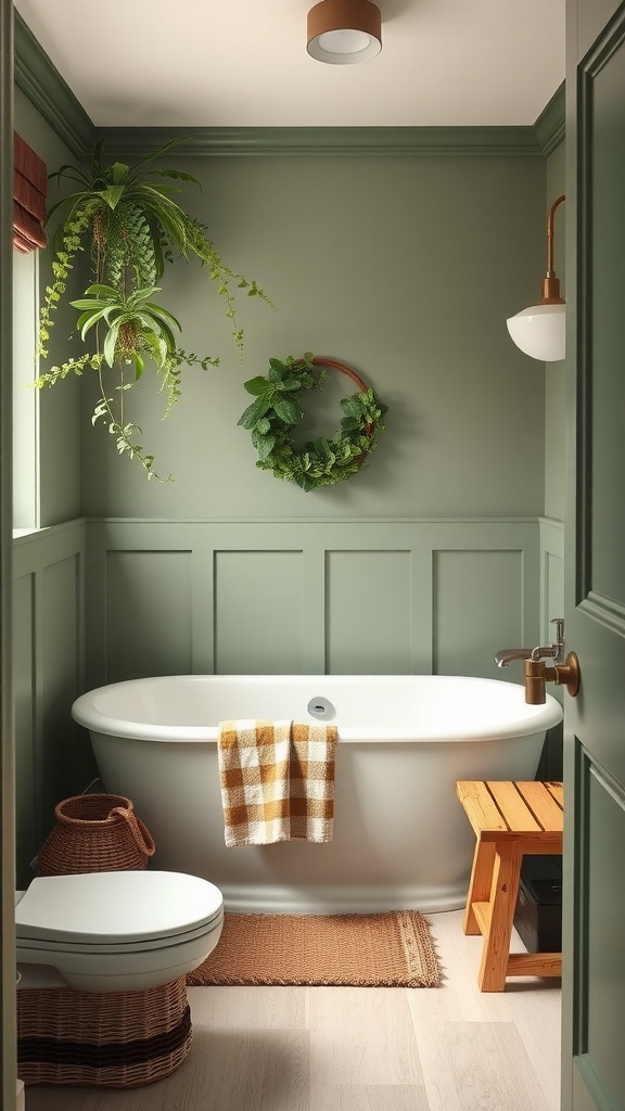 A cozy farmhouse bathroom with earthy green walls, a freestanding tub, and natural decor.