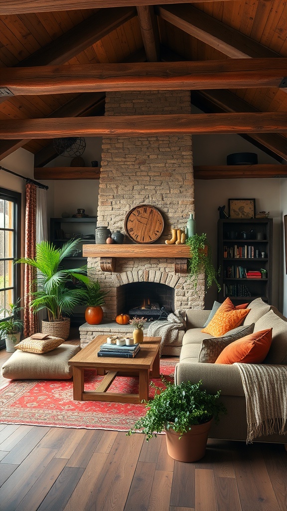 Cozy rustic farmhouse living room with a stone fireplace, wooden beams, and earthy decor.