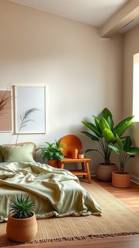 A cozy bedroom featuring soft green bedding, terracotta accents, and indoor plants.