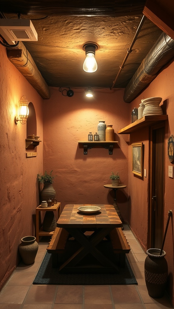 Interior of a cozy basement with terracotta walls, wooden table, and warm lighting.