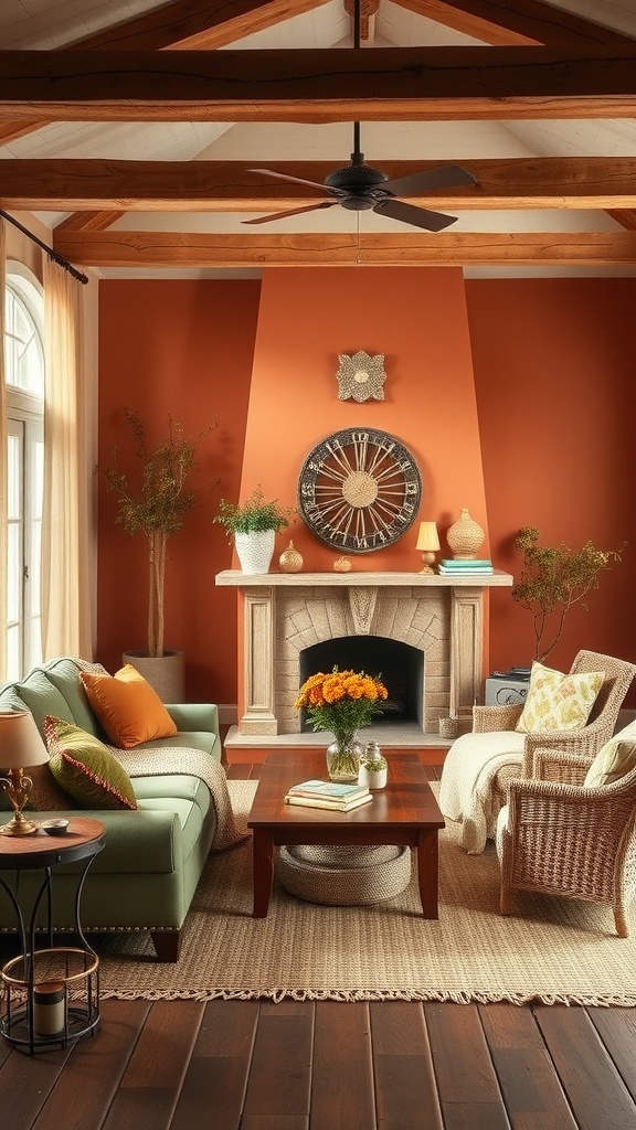 A cozy living room featuring earthy terracotta walls, a green sofa, and wooden accents.