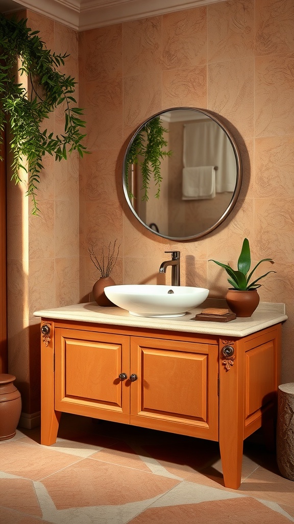 A terracotta bathroom vanity with a round mirror and greenery in a warm-toned bathroom.